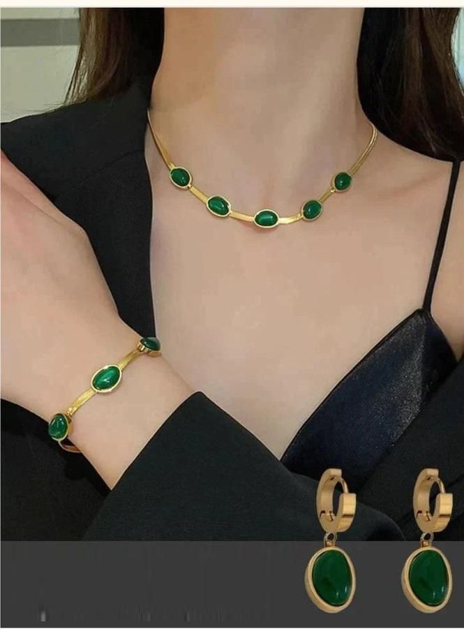 Oval Green Crystal Gold Necklace Set with Bracelet