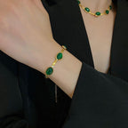 Oval Green Crystal Gold Necklace Set with Bracelet