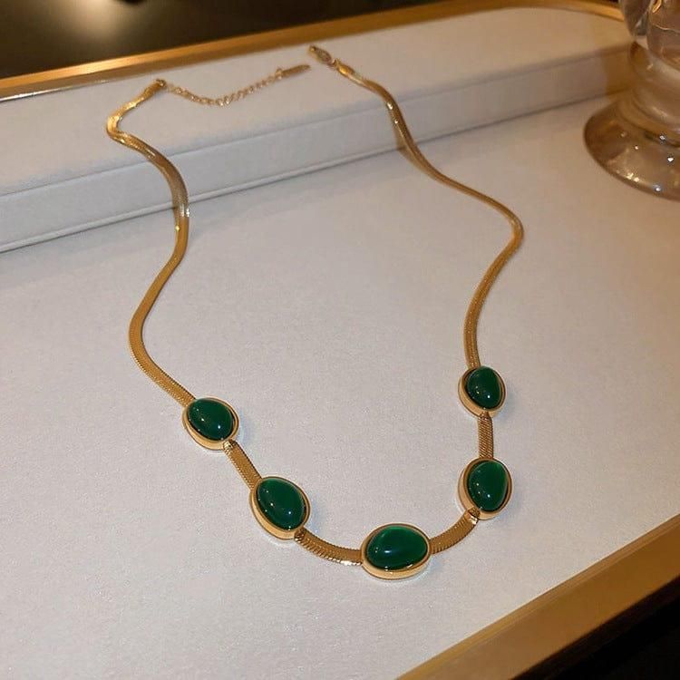 Oval Green Crystal Gold Necklace Set with Bracelet
