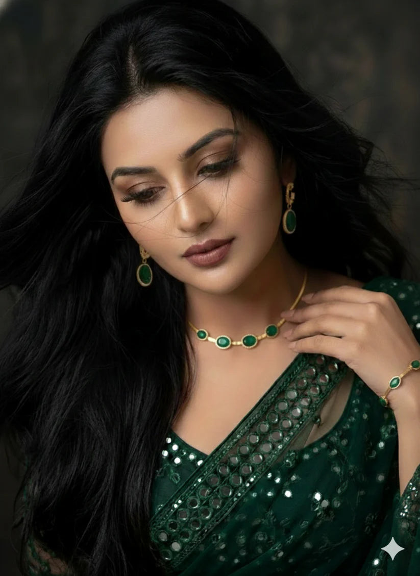 Oval Green Crystal Gold Necklace Set with Bracelet